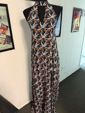 Sleeveless Halter Maxi Dress in Navy and Orange Floral
